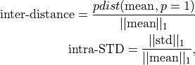 \text{inter-distance} = \frac{pdist(\text{mean}, p=1)}
{||\text{mean}||_1}

\text{intra-STD} = \frac{||\text{std}||_1}{||\text{mean}||_1},